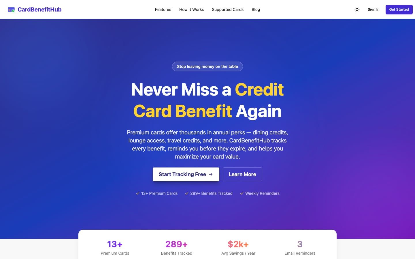 Card Benefit Hub home page: “Never miss a credit card benefit again,” with 13+ premium cards and 289+ benefits tracked