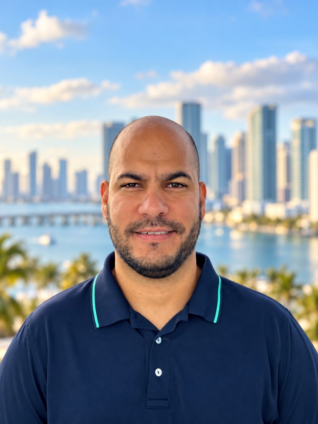 Roland Aroche in front of the Miami skyline